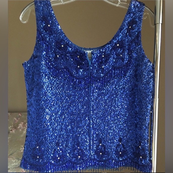 Glamorous Bead And Sequin Blue Sleeveless Top - Picture 2 of 9